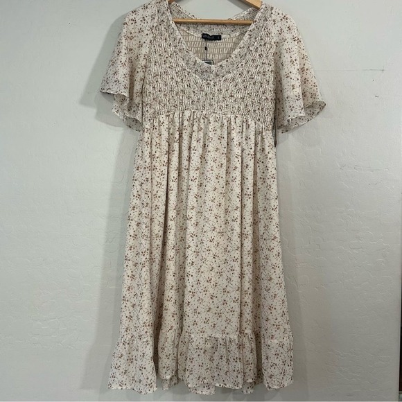 Mikarose Floral Smocked Midi Dress Large Flutter Sleeve Prairie NWT Soft Girl - Picture 2 of 9